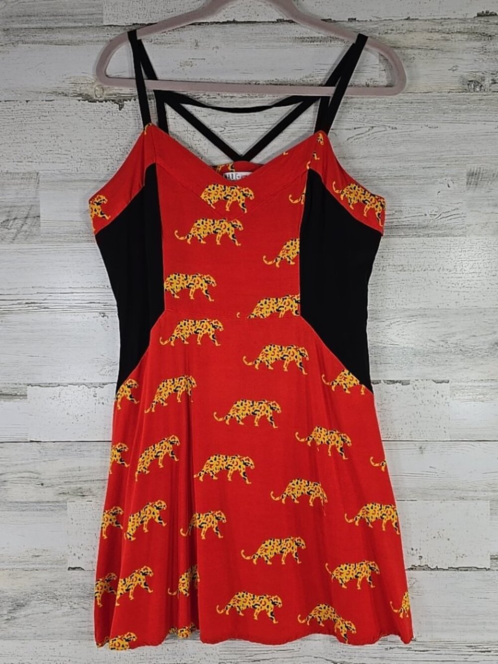 MADE for Impulse Red Cheetah Print Dress SZ L Rayon Crisscross Back Fit & Flare